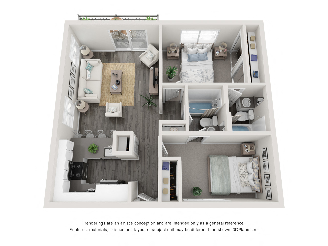 Floor plan for 2 beds, 2 baths, 853 sqft